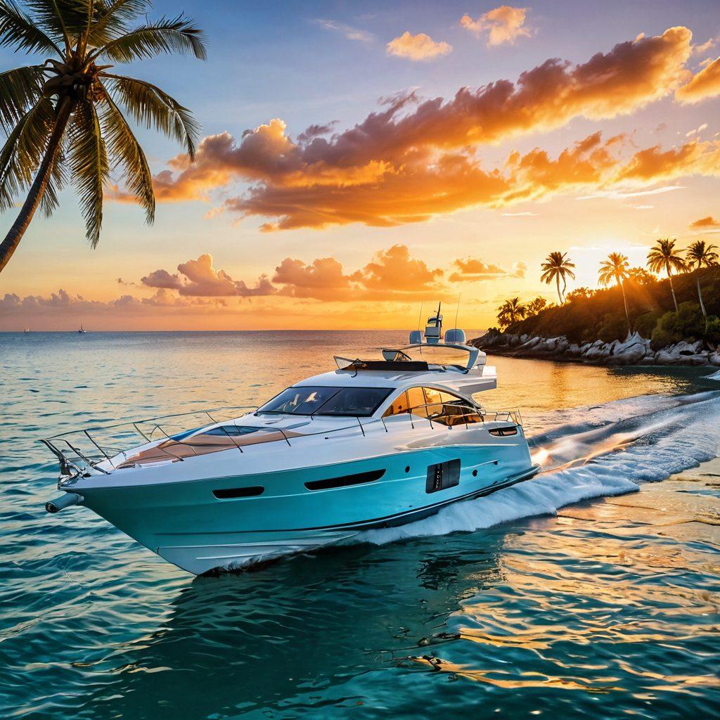A luxurious yacht navigating through crystal-clear waters, with an insurance document subtly overlaying the image. In the background, a beautiful coastal landscape with palm trees and a sunset. Emphasize a sense of security and tranquility around watercraft ownership. Include symbols of protection such as a shield or a lifebuoy nearby. super-realistic. vibrant colors. ocean background.