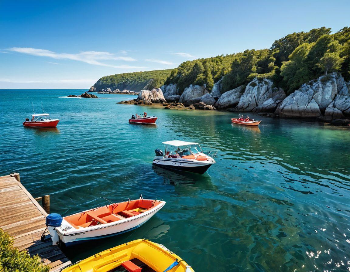 A serene coastal scene featuring a diverse group of boaters engaging in various water activities, showcasing different types of boats. In the background, illustrate a friendly marine insurance agent explaining coverage options to a couple on a dock, with waves gently lapping at the shore. Use vibrant colors to create an inviting and informative atmosphere, symbolizing safety and adventure at sea. Include visual elements like life jackets, marine charts, and a clear sky. super-realistic. vibrant colors. coastal landscape.